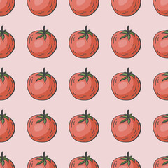 Seamless pattern with hand drawn tomatoes. Light background for your kitchen. Vegetable background. Organic food. Vector illustration.