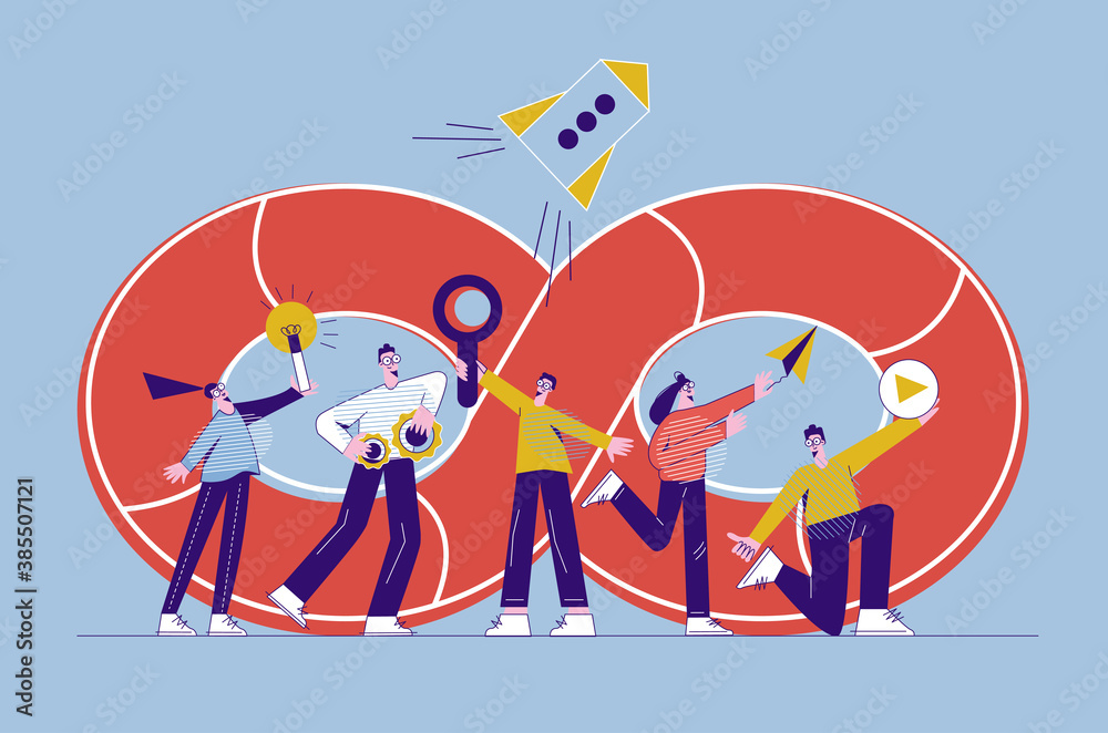 Wall mural devops teamwork concept. young men and women are working. programming, coding, testing, launching. s