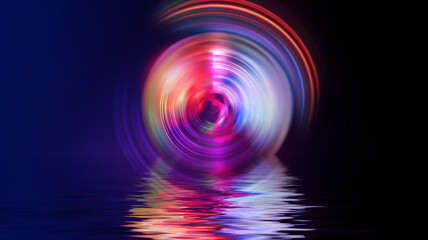 Abstract dark futuristic background. Ultraviolet neon light rays are reflected off the water. Background of empty stage show, beach party. 3d illustration