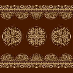 Set of Seamless borders pattern for Mehndi, Henna drawing and tattoo. Decoration in ethnic oriental, Indian style. Doodle ornament. Outline hand draw vector illustration.