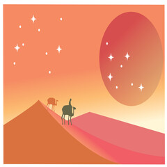 Naklejka premium Desert landscape and camel vector colorful night background illustration