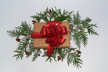 New Year's composition. Eco-style gift wrapping. Christmas background for presentation of work or text. Gift with red ribbon on green branches of new year tree