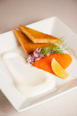 Starter dish Beautifully presented with whitefish caviar, toasted bread and lemon