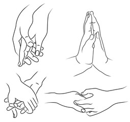 Hands. A set of different gestures two hands. The female palm is attached to the male palm and gently touches, love and passion. Contour line. Isolated over white background. Vector 