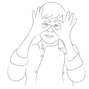 Sketch portrait of a teenager who folded his fingers in the form of glasses on his face