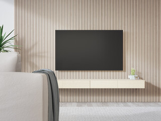 TV on wooden wall of bright living room and sofa against television in modern house or apartment. Home interior 3d rendering with empty big screen for template.