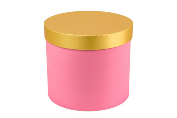 Pink round gift box with gold cover isolated on white background