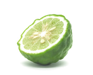 Fresh bergamot cut in half from nature, a tropical fruit for use in cooking and skin care on white background with clipping path