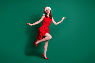 Full size photo of charming pretty santa claus helper girl celebrate midnight noel christmas party...
