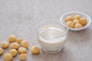 Macadamia milk in glass and macadamia nuts on table