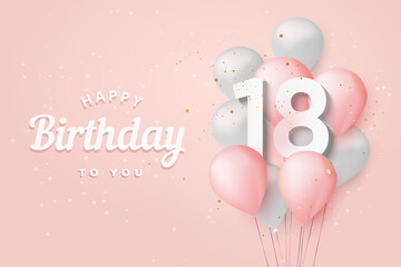 Happy 18th birthday balloons greeting card background. 18 years anniversary. 18th celebrating with confetti. Vector stock - obrazy, fototapety, plakaty