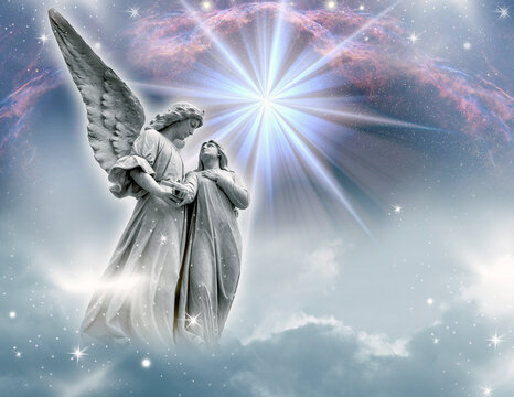 a guardian angel archangel with a woman with a star, light, beautiful mystic sky like angelic divine and spiritual concept 