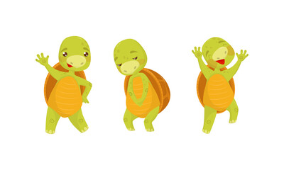 Funny Turtle or Tortoise with Shell Waving Paw and Feeling Sad Vector Set