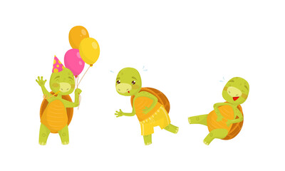 Funny Turtle or Tortoise with Shell Running and Laughing Vector Set