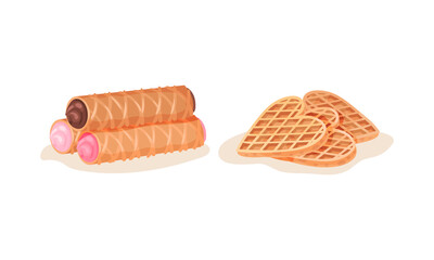 Heart Shaped Waffle with Textured Surface and Stuffed Wafer Rolls Vector Set