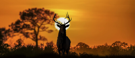 Silhouette of wild deer in the jungle sunset background.