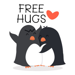 Cute  Penguins happy Couple hug cartoon concept