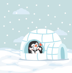 Naklejka premium Cute Penguins happy hug baby with Igloo ice house in winter