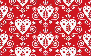 Fototapeta na wymiar Christmas cute Scandinavian folk art vectorseamless pattern with hearts, christmas trees and flowers in white on red 
