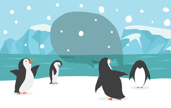 family penguins with Whale North pole background