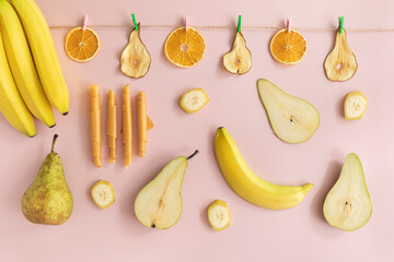 Pureed fruits are dried and rolled up. Natural and healthy snack food.