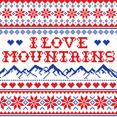 I love mountains vector seamless pattern, Fair Isle style traditional cross-stitch design - hike, ski and snowboard concept
