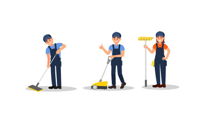 Man and Woman Cleaner in Blue Overall Vacuuming and Mopping Floor Vector Illustration Set