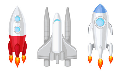 Space Shuttle and Spaceship Isolated on White Background Vector Set