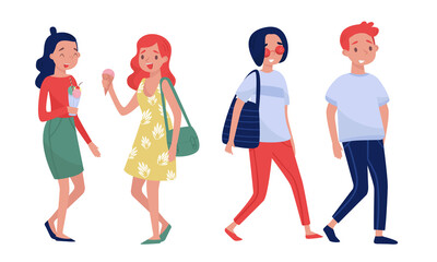 People Characters Walking, Eating Ice Cream and Talking Vector Set