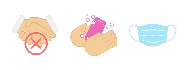 Social distancing behavior icons during Covid-19. Vector illustration for warning sign wall sticker or infographic. Hand washing - prohibiting handshaking - wearing a mask.