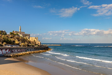 Panoramic view of Old City of Jaffa at Mediterranean coastline with seaside Jaffa beach in Tel Aviv Yafo, Israel