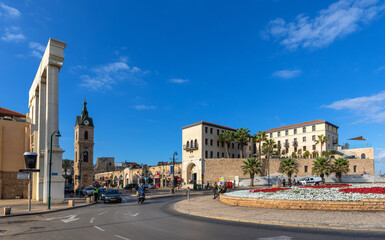 Old City of Jaffa downtown with Clock Tower and Setai resort at Yossi Carmel square in Tel Aviv Yafo, Israel