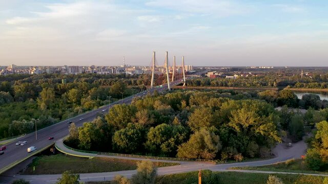 4K drone footage of Trasa Siekierkowska street and Siekierkowski Bridge in Warsaw, capital city of Poland