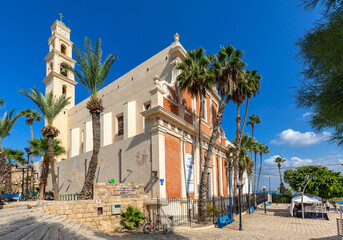 Old City of Jaffa historic quarter with St. Peter Church at Kikar Kdumim square and Segev street in Tel Aviv Yafo, Israel