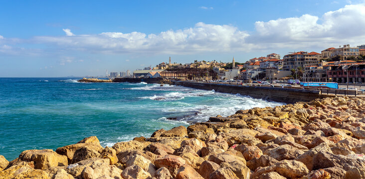 Panoramic view of Old City of Jaffa and Jaffa port at Mediterranean coastline seen from Midron Yaffo Park in Tel Aviv Yafo, Israel