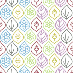 Doodle line leaves. Seamless floral pattern. Vector leaf. Fashion print. Design for textile or clothes. Flowers sketch. Hand drawn outline repeating elements. Natural background