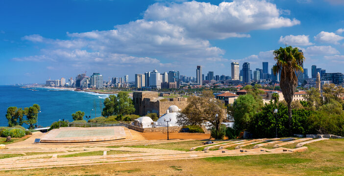 Panoramic view of downtown Tel Aviv at Mediterranean coastline and business district seen from Old City of Jaffa in Tel Aviv Yafo, Israel