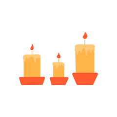 Burning candles in candlesticks. Wax or paraffin. Colorful vector isolated illustration hand drawn. Home decor element, holiday party, Christmas or aromatherapy