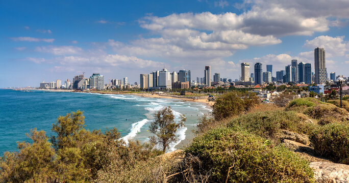 Panoramic view of downtown Tel Aviv at Mediterranean coastline and business district seen from Old City of Jaffa in Tel Aviv Yafo, Israel