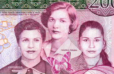 Patria Mirabal, Minerva Mirabal and Maria Teresa Mirabal, who were assassinated in 1960. Portrait from Dominican Republic 200 Pesos 2007 Banknotes. - obrazy, fototapety, plakaty