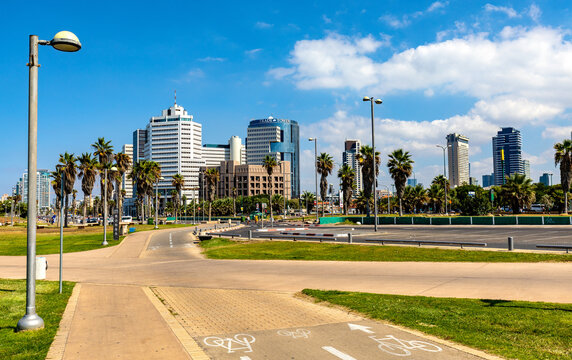 Panoramic view of downtown Tel Aviv at Mediterranean coast with business district along Tel Aviv promenade and Kaufmann street in Tel Aviv Yafo, Israel