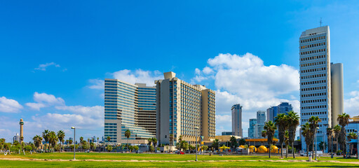 Panoramic view of downtown Tel Aviv at Mediterranean coast with Neve Tzedek resort and residential district in Tel Aviv Yafo, Israel