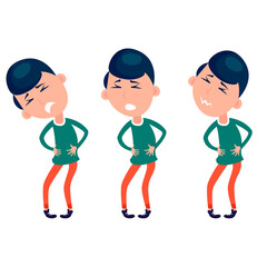 Men with stomach pain. Symptom of pain in the stomach, belly. Abdomen pain.  Flat vector  design. Boy with hands on stomach.