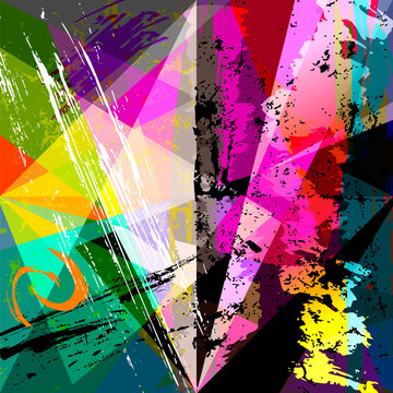 abstract geometric background pattern, with paint strokes, splashes, triangles and squares