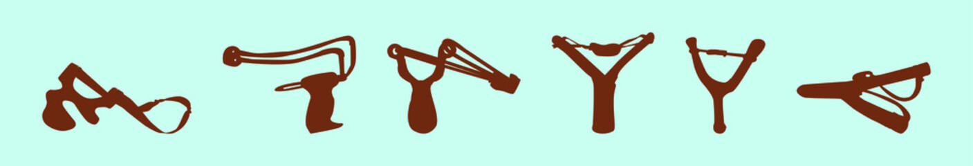 set of slingshot modern cartoon icon design template with various models. vector illustration isolated on blue background