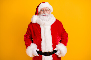 Photo of positive excited santa claus enjoy fairy jolly holly x-mas christmas celebration party wear red costume isolated over bright shine color background