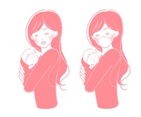 赤ん坊を抱き抱える女性（マスク有、マスク無）