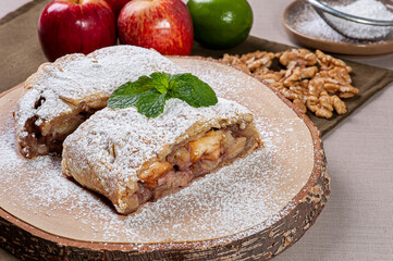 .Traditional apple strudel with nuts