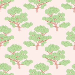 Cute tree seamless vector pattern. Cartoon botanical illustration background.