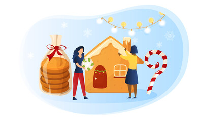 Preparing for the celebration of Christmas and new year abstract concept. Tiny women baking giant cookies and sweets. Flat cartoon vector illustration with fictional characters.